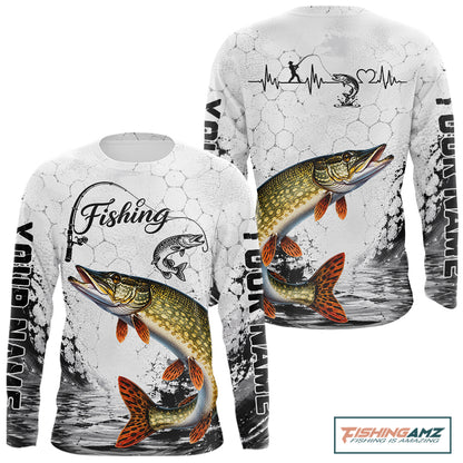 Custom Name Northern Pike Fishing Long Sleeve Performance Shirt, Pike Fishing Jersey