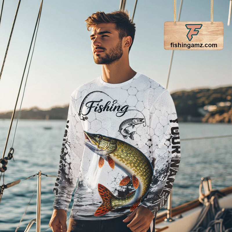 Custom Name Northern Pike Fishing Long Sleeve Performance Shirt, Pike Fishing Jersey