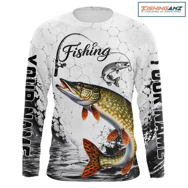 Custom Name Northern Pike Fishing Long Sleeve Performance Shirt, Pike Fishing Jersey