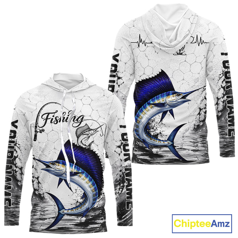 Custom Name Sailfish Fishing Long Sleeve Hooded Performance Shirt, Sailfish Gift For Men 