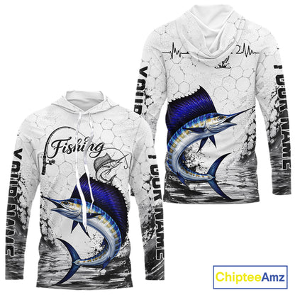 Custom Name Sailfish Fishing Long Sleeve Hooded Performance Shirt, Sailfish Gift For Men 