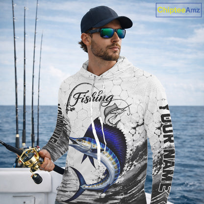 Custom Name Sailfish Fishing Long Sleeve Hooded Performance Shirt, Sailfish Gift For Men 