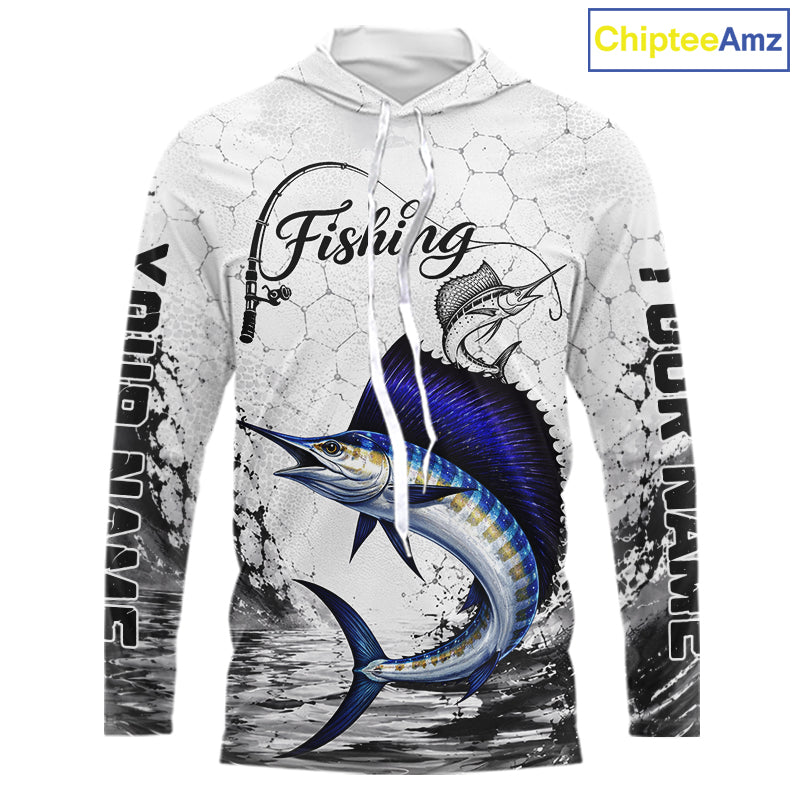 Custom Name Sailfish Fishing Long Sleeve Hooded Performance Shirt, Sailfish Gift For Men 