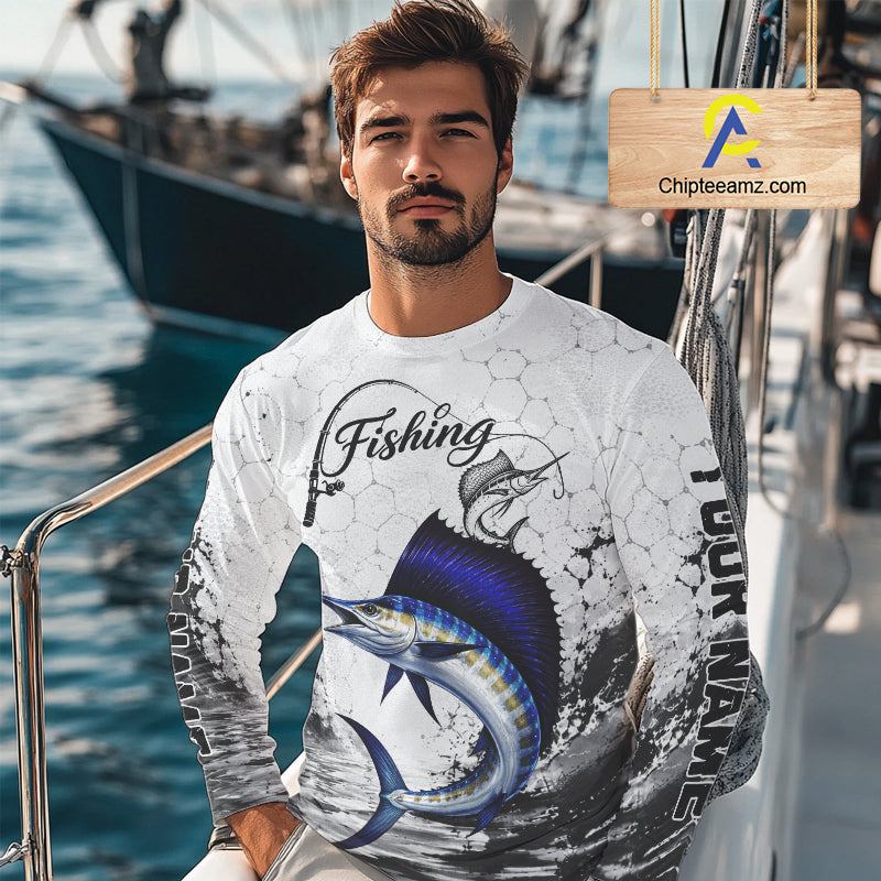 Custom Name Sailfish Fishing Long Sleeve Performance Shirt, Sailfish FIshing Jersey