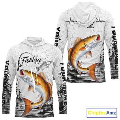 Custom Name Redfish Fishing Long Sleeve Hooded Performance Shirt, Red Drum Gift For Men 
