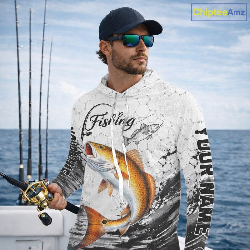 Custom Name Redfish Fishing Long Sleeve Hooded Performance Shirt, Red Drum Gift For Men 