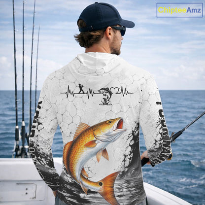 Custom Name Redfish Fishing Long Sleeve Hooded Performance Shirt, Red Drum Gift For Men NHT1124
