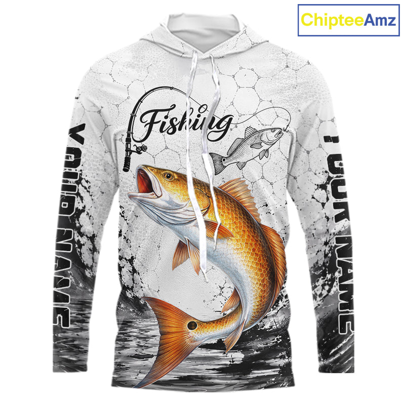 Custom Name Redfish Fishing Long Sleeve Hooded Performance Shirt, Red Drum Gift For Men 