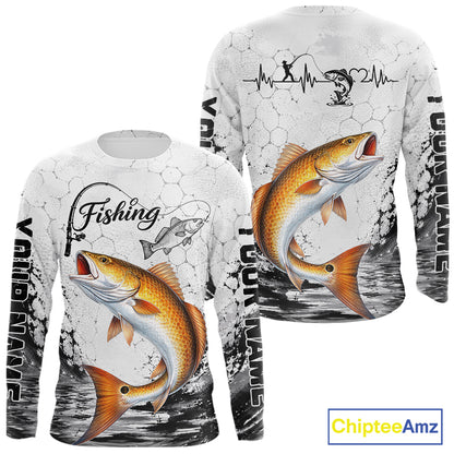 Custom Name Redfish Fishing Long Sleeve Performance Shirt, Red Drum Gift for Fisher