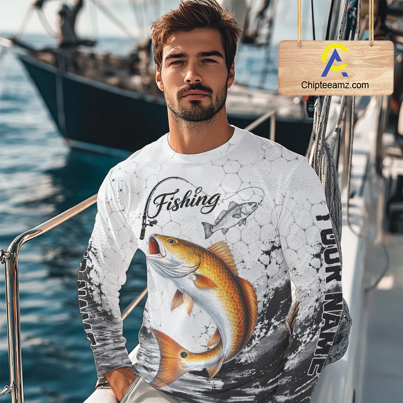 Custom Name Redfish Fishing Long Sleeve Performance Shirt, Red Drum Gift for Fisher