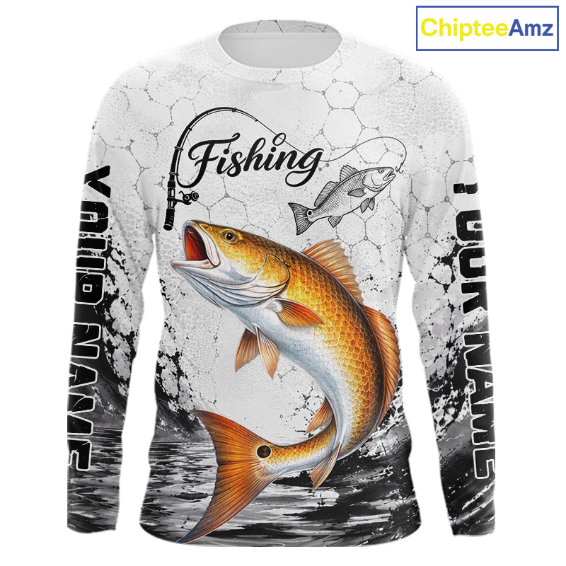 Custom Name Redfish Fishing Long Sleeve Performance Shirt, Red Drum Gift for Fisher