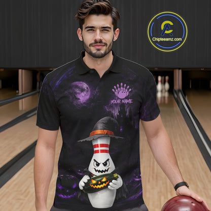 A man wearing a black short-sleeve polo shirt with a Halloween-themed graphic print featuring a ghost character holding a jack-o'-lantern, set against a bowling alley background. A circular 'Chipteeamz