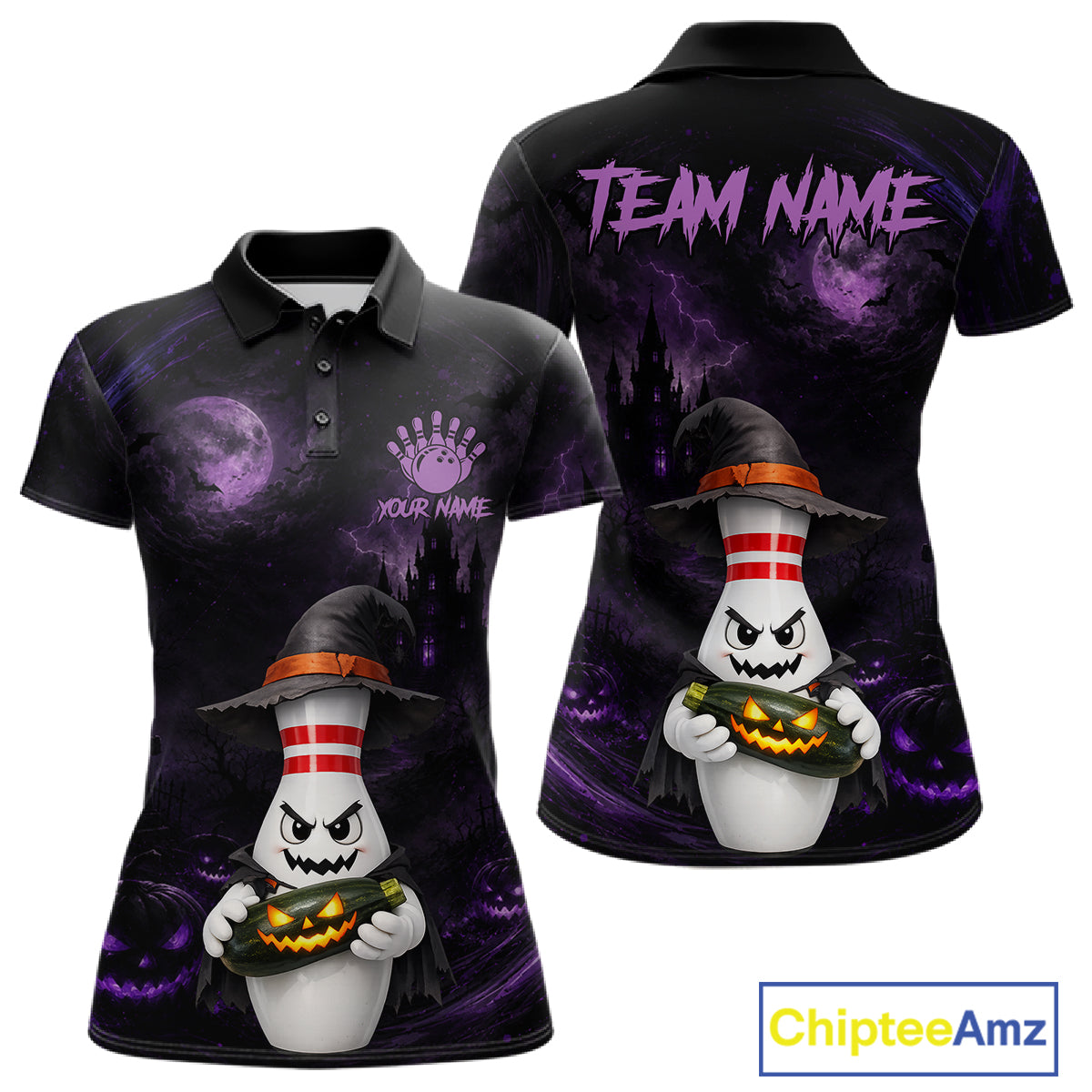 A Halloween-themed short-sleeve polo shirt shown from both front and back on a white background. The shirt has a dark purple and black spooky print with a ghost character holding a jack-o'-lantern, a witch hat, castle silhouette, full moon, and purple lightning effects.