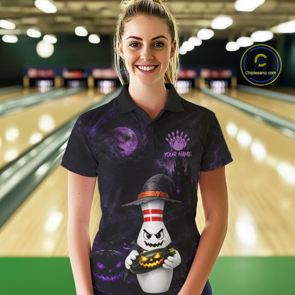 Front and back views of a women's short-sleeve polo shirt with a Halloween-themed all-over print. The design features a cartoon ghost holding a jack-o'-lantern against a dark purple haunted castle and moonlit sky background.