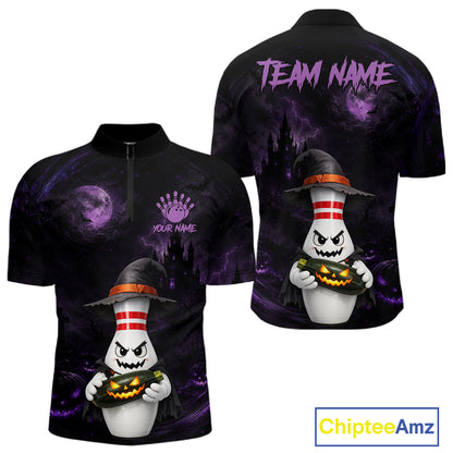 Black short-sleeve quarter-zip polo shirt shown from front and back with a Halloween-themed graphic print featuring a cartoon ghost in a witch hat holding a jack-o'-lantern, purple moon and storm clouds, and customizable text areas on the chest and neck.