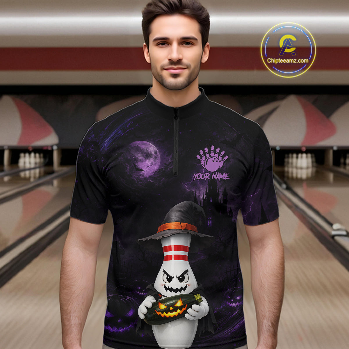 Personalized Halloween Bowling 1/4 Zip Polo Shirt For Men - Purple Witch Pin Team Name Jersey NHT1275