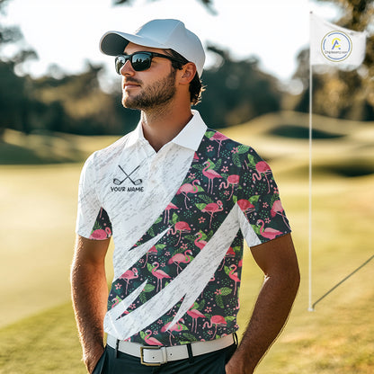 Flamingo Mens Golf Polo Shirts, Colorful Tropical Flamingo Pattern, Tropical Golf Shirt NHT590