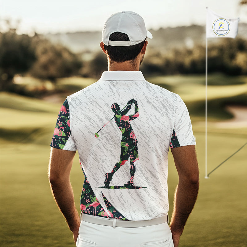 Flamingo Mens Golf Polo Shirts, Colorful Tropical Flamingo Pattern, Tropical Golf Shirt NHT590