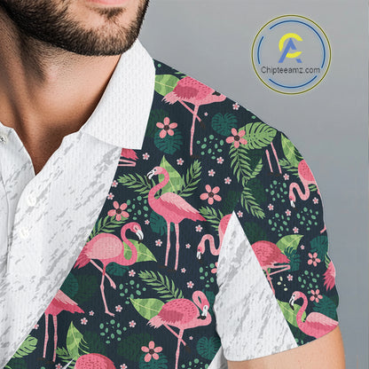 Flamingo Mens Golf Polo Shirts, Colorful Tropical Flamingo Pattern, Tropical Golf Shirt NHT590