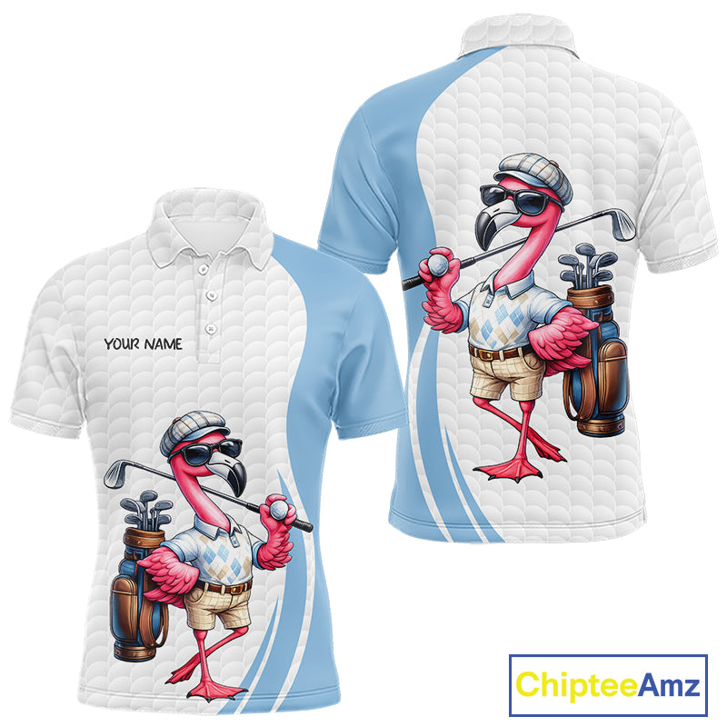 Blue Funny Flamingo Polo Shirt, Golf Polo Shirts Custom Name, Flamingo Golf Shirts For Men NHT594