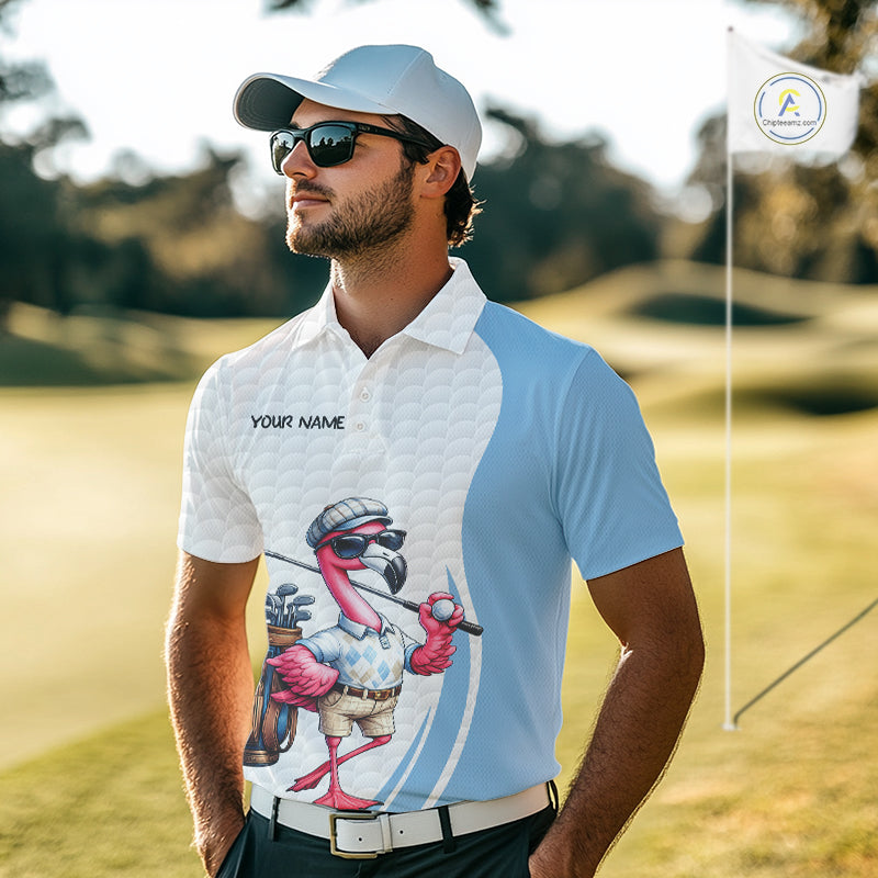 Blue Funny Flamingo Polo Shirt, Golf Polo Shirts Custom Name, Flamingo Golf Shirts For Men NHT594