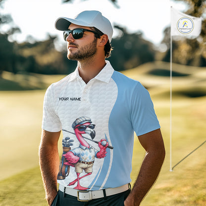 Blue Funny Flamingo Polo Shirt, Golf Polo Shirts Custom Name, Flamingo Golf Shirts For Men NHT594