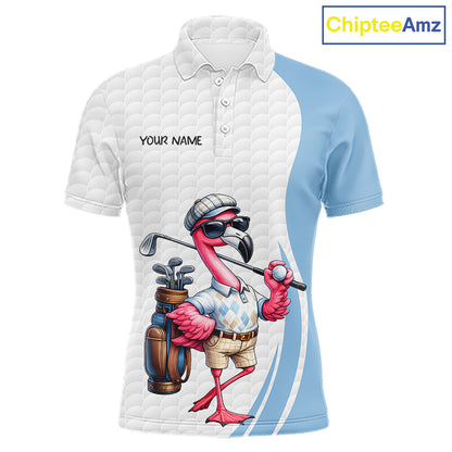 Blue Funny Flamingo Polo Shirt, Golf Polo Shirts Custom Name, Flamingo Golf Shirts For Men NHT594