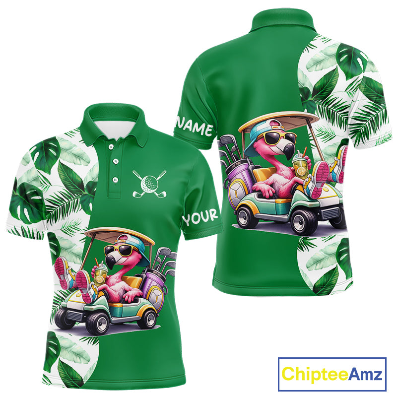 Personalized Tropical Leaf Green Golf Cart Design, Custom Flamingo Funny Mens Golf Polo Shirt  NHT596
