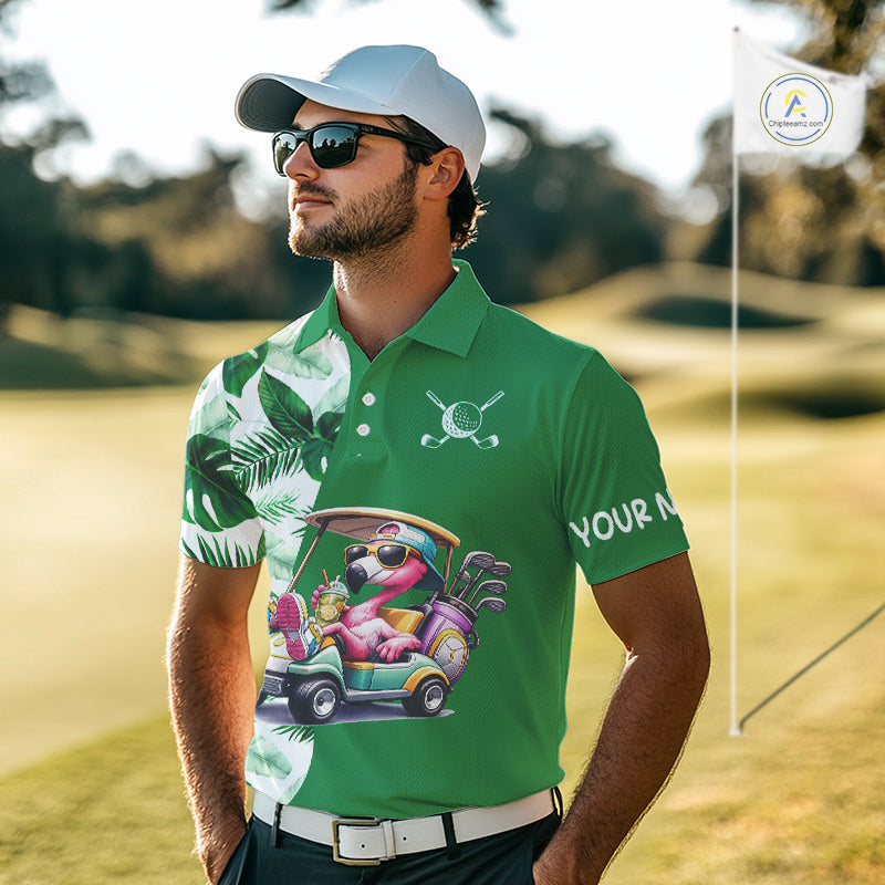 Personalized Tropical Leaf Green Golf Cart Design, Custom Flamingo Funny Mens Golf Polo Shirt  NHT596