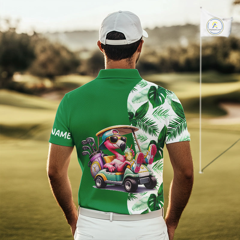 Personalized Tropical Leaf Green Golf Cart Design, Custom Flamingo Funny Mens Golf Polo Shirt  NHT596