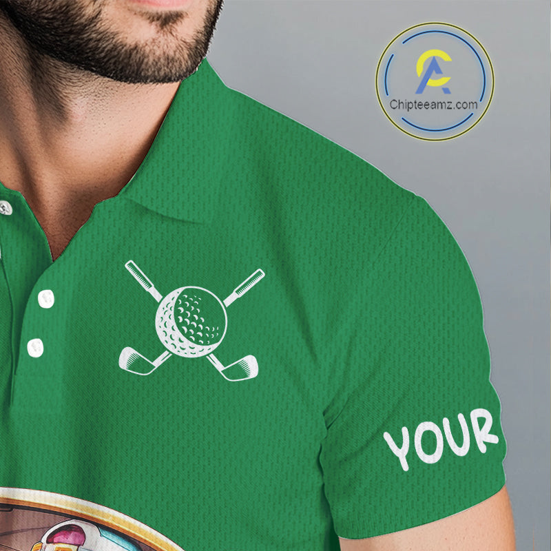 Personalized Tropical Leaf Green Golf Cart Design, Custom Flamingo Funny Mens Golf Polo Shirt  NHT596