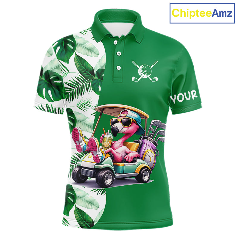 Personalized Tropical Leaf Green Golf Cart Design, Custom Flamingo Funny Mens Golf Polo Shirt  NHT596