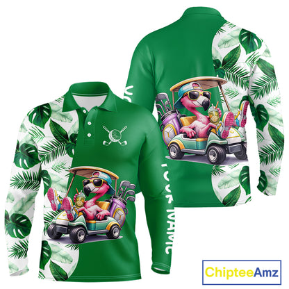 Personalized Tropical Leaf Green Golf Cart Design, Custom Flamingo Funny Mens Golf Polo Shirt  NHT596