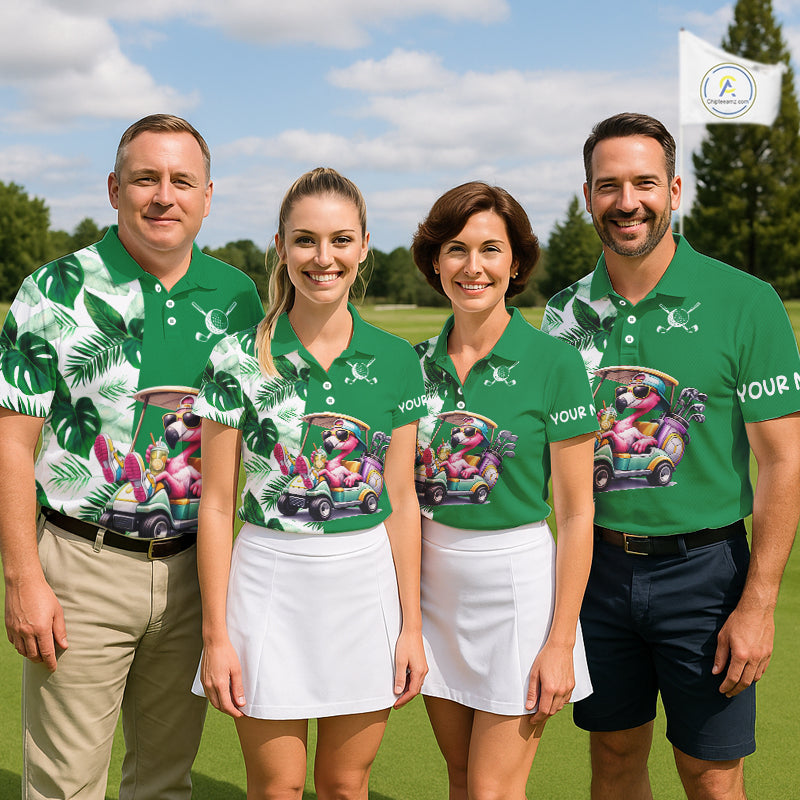 Personalized Tropical Leaf Green Golf Cart Design, Custom Flamingo Funny Mens Golf Polo Shirt  NHT596