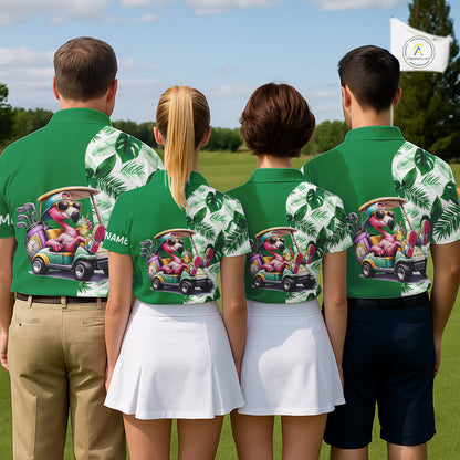 Personalized Tropical Leaf Green Golf Cart Design, Custom Flamingo Funny Mens Golf Polo Shirt  NHT596