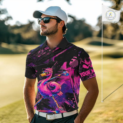 Funny Neon Flamingo Mens Golf Polo Shirt – Custom Personalized Golf Team Apparel 