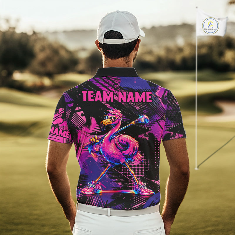 Funny Neon Flamingo Mens Golf Polo Shirt – Custom Personalized Golf Team Apparel 