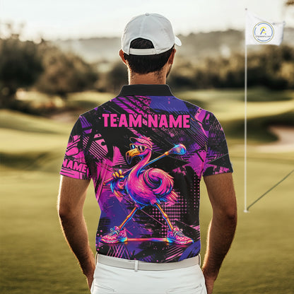 Funny Neon Flamingo Mens Golf Polo Shirt – Custom Personalized Golf Team Apparel 