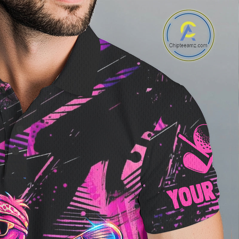 Black shirt with pink abstract designs and 'YOUR' text, brand logo visible