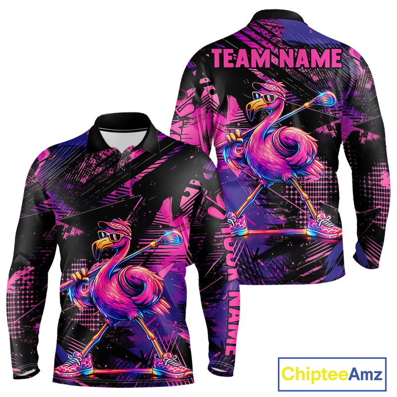 Funny Neon Flamingo Long Sleeve Mens Golf Polo Shirt – Custom Personalized Golf Team Apparel 