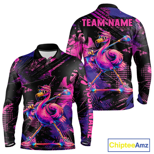 Funny Neon Flamingo Long Sleeve Mens Golf Polo Shirt – Custom Personalized Golf Team Apparel 