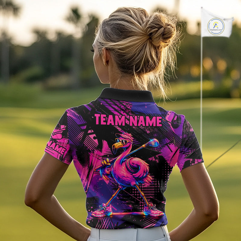 Person wearing a colorful golf shirt with a flamingo design on a golf course