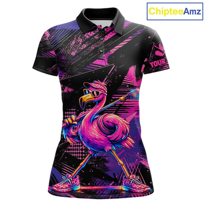 Funny Neon Flamingo Womens Golf Polo Shirt – Custom Personalized Golf Team Apparel 