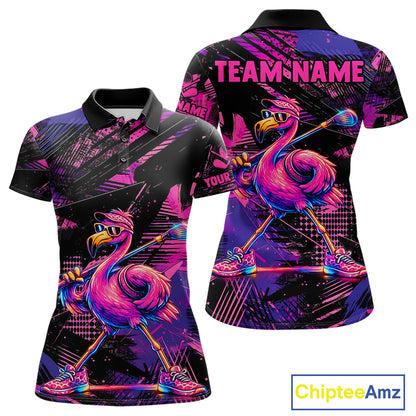 Funny Neon Flamingo Womens Golf Polo Shirt – Custom Personalized Golf Team Apparel 