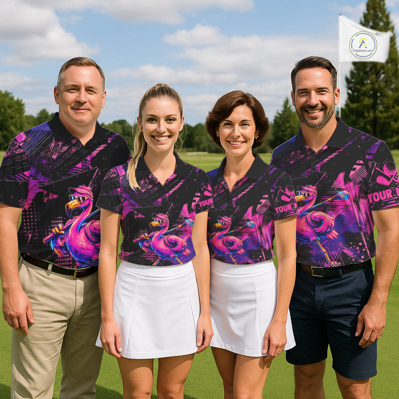 Funny Neon Flamingo Mens Golf Polo Shirt – Custom Personalized Golf Team Apparel NHT1134