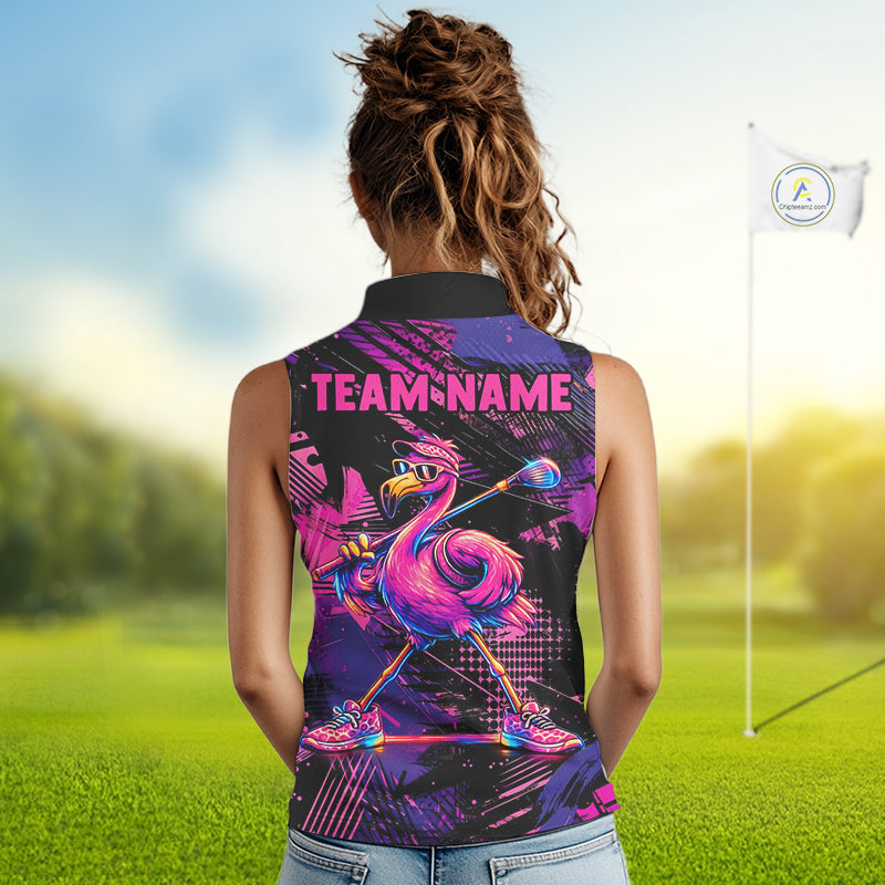 Woman wearing a colorful flamingo-themed sleeveless shirt with 'TEAM NAME' text on a golf course.