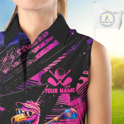 Person wearing a sleeveless shirt with colorful design and 'Your Name' text, blurred background
