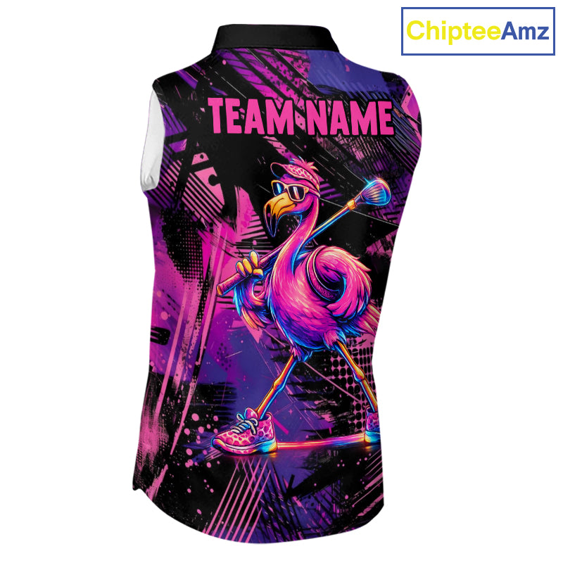 Funny Neon Flamingo Womens Sleeveless Golf Polo Shirt – Custom Personalized Golf Team Apparel 