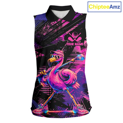 Funny Neon Flamingo Womens Sleeveless Golf Polo Shirt – Custom Personalized Golf Team Apparel 