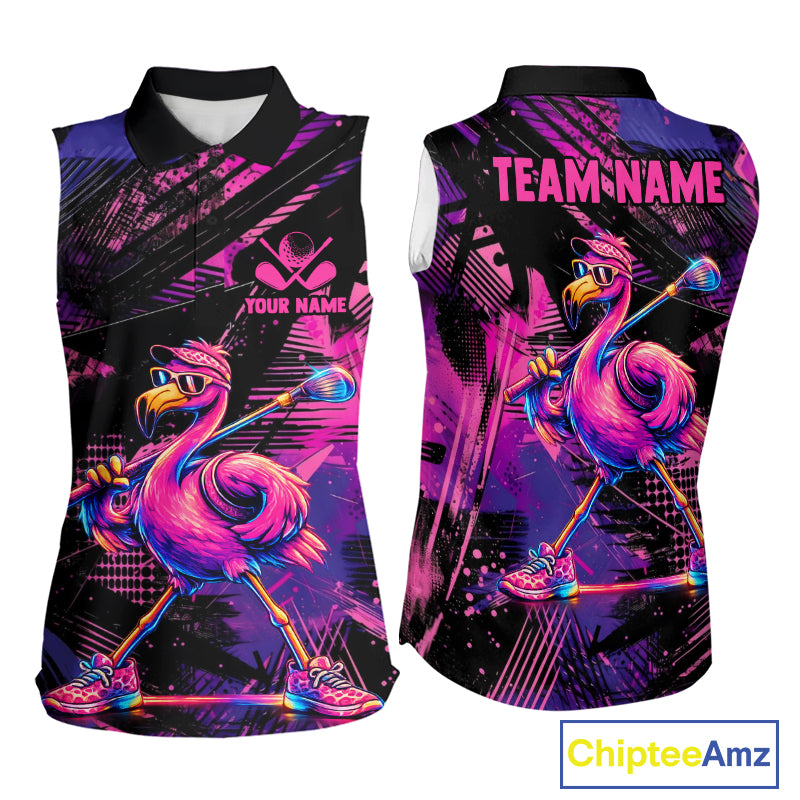 Funny Neon Flamingo Womens Sleeveless Golf Polo Shirt – Custom Personalized Golf Team Apparel 